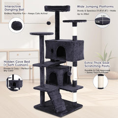 Cat Tree Tower, Sisal-Covered Scratching Posts, Condo, Hammock, Dangling Ball, and Extended Platform, Big Cat House & Furniture, 54" Tall, Beige