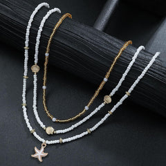 3PCS Star-shaped Scallop Pearl Necklace, Three Layer Adjustable Chain, Bohemian Coastal Layering Jewelry, Shell Charm Multi Strand Pendant Necklaces Set (White&Gold)