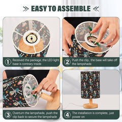 Funny Skeletons Flowers Bedside Table Lamp Small Desk Lamps Linen Fabric Shade Decorative Nightstand Lamp LED with USB Port Wood Base for Bedroom Living Room