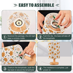Cute Flowers Pumpkin Bedside Table Lamp Small Desk Lamps Linen Fabric Shade Decorative Nightstand Lamp LED with USB Port Wood Base for Bedroom Living Room