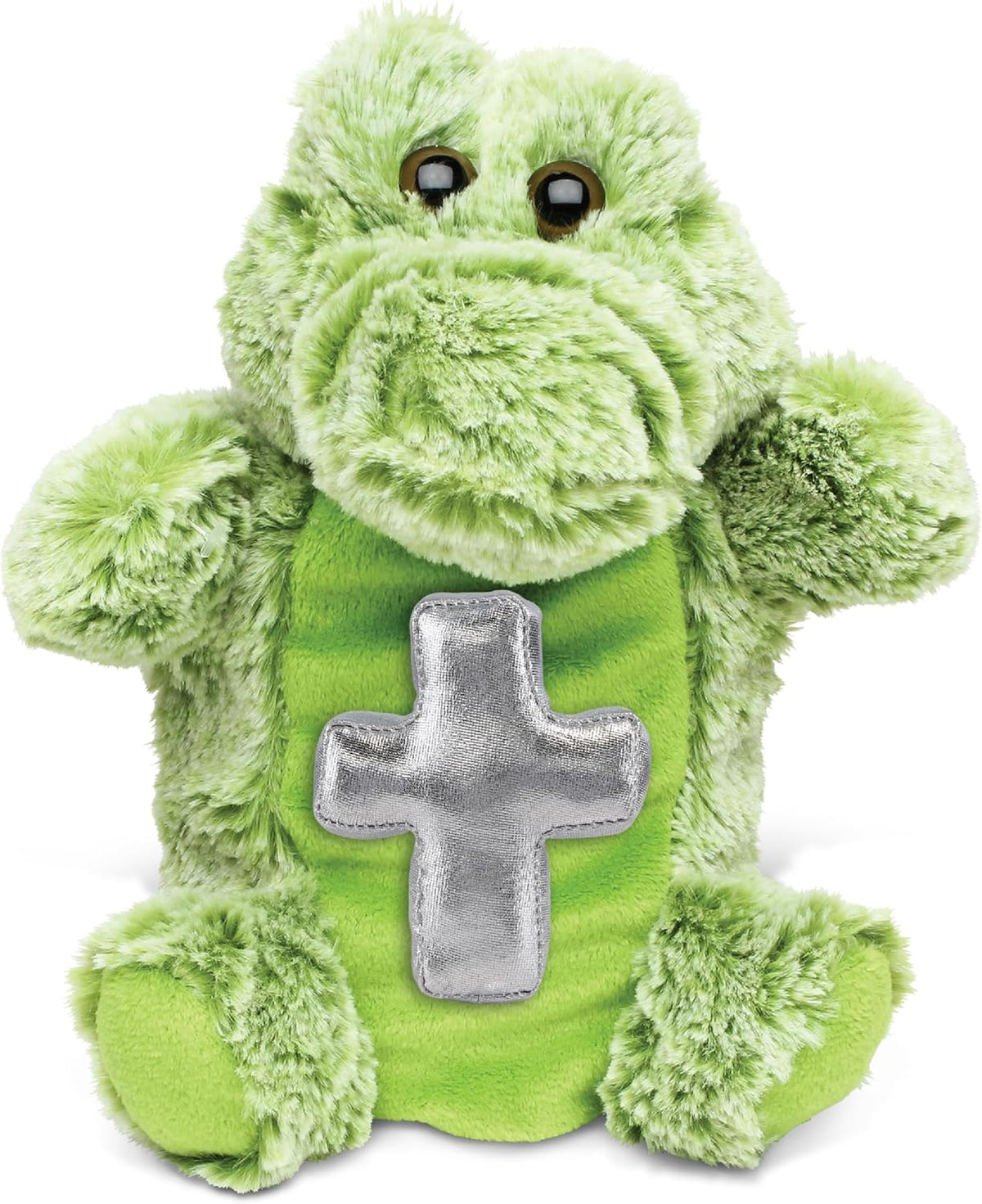 DolliBu Alligator Hand Puppet Stuffed Animal with Silver Cross and Personalization - Baptism Gifts for Boys and Girls, Dedication Christening Gifts Plush Prayer Toy Healing Teddy Bear - 9 Inches