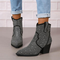 Women's Rhinestone Boots Sparkly Cowboy Booties Pointed Toe Bridal Wedding Western Studded Ankle Boots Cowgirl Short Boots