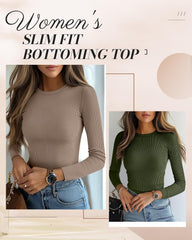 Ficerd 3 Pack Women's Ribbed Long Sleeve Tops, Crew Neck Slim Fit Undershirts Knit Basic Casual Stretch Layering Tee Shirts