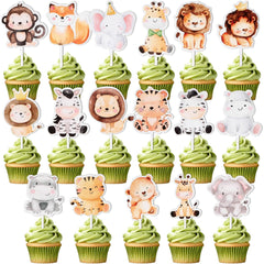 34 PCS Cartoon Animals Cupcake Toppers, Cute Animals Cake Toppers Jungle Baby Party Decorations Safari Theme Cupcakes Topper for Baby Shower Boys Kids Nursery Wild Party Supplies