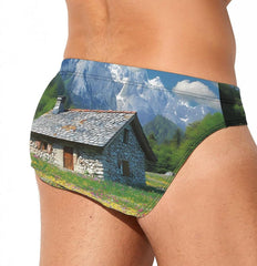 Mountain Cabin View Men's Swimsuit Brief Beach Shorts Bikini Swimwear Sexy Swimming Trunks