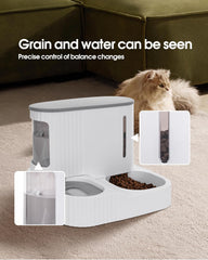 Automatic Cat Feeder,Gravity Auto Timed Pet Dry Food Self Feeding Container Dishes Bowl and Water Dispenser Fountain for Dog Puppy Kitten Kit Set Integrated 2 in 1 Continuous Tray(Grey)
