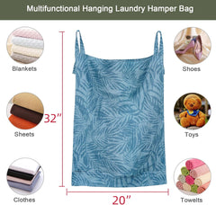 Linen Hanging Laundry Bag, 100% Linen Leaf Print Over The Door Laundry Hamper with Buttons and Zipper, Space Saving Door Hampers for Laundry Dirty Clothes Home Travel, Blue, 19.7x27.5inches