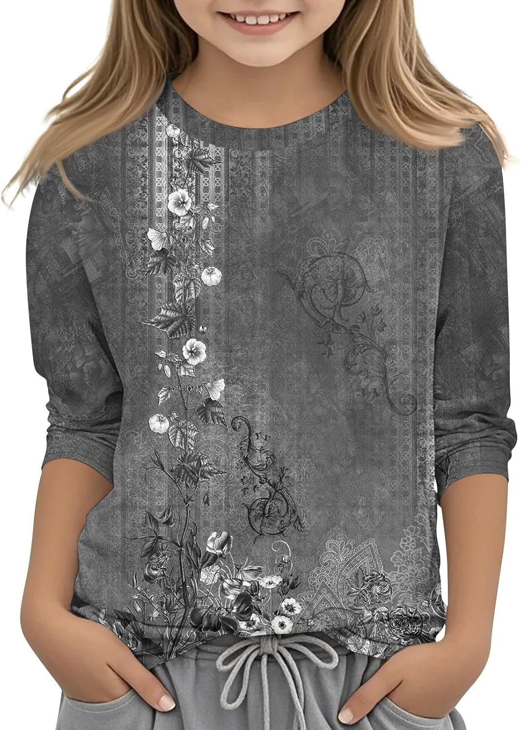 Kids Girls Tops Summer 3/4 Sleeve Cowl Neck T Shirts for Girls Flower Pattern Shirts Short Sleeve Soft Blouses & Shirt