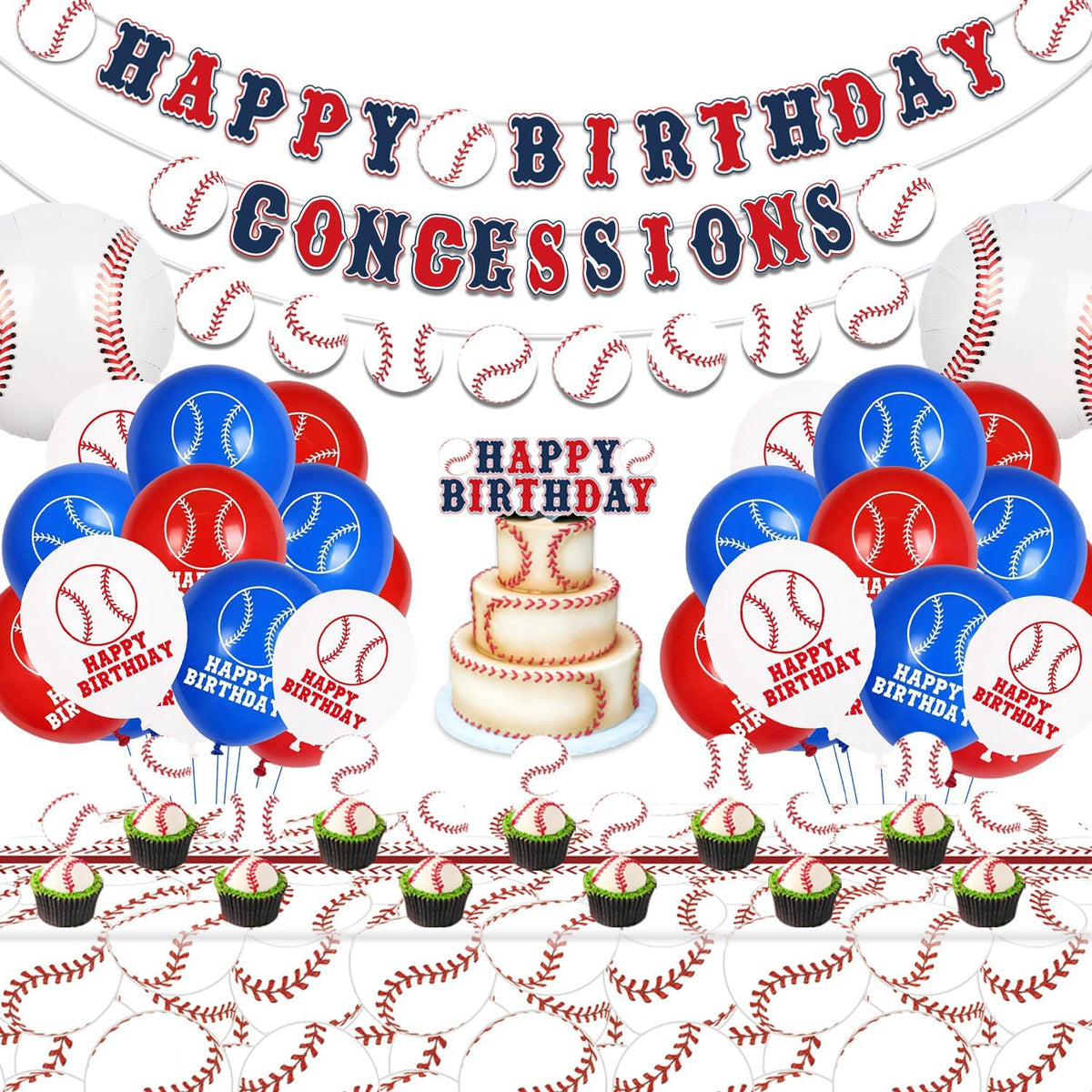 Baseball Party Decorations, Happy Birthday Banner, Concessions Banner Baseball Theme Cake Toppers, Latex Balloons and Tablecloth for Kids Party Sports Birthday Party Supplies