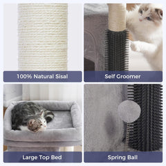 Cat Tree Tower for Large Cats Cat Scratching Post with 20x15.7”Wide Top Bed, Self Groomer, Thick Scratch Post [Dia=4.5”] and Danging Ball Great for Indoor Cats-Large Grey