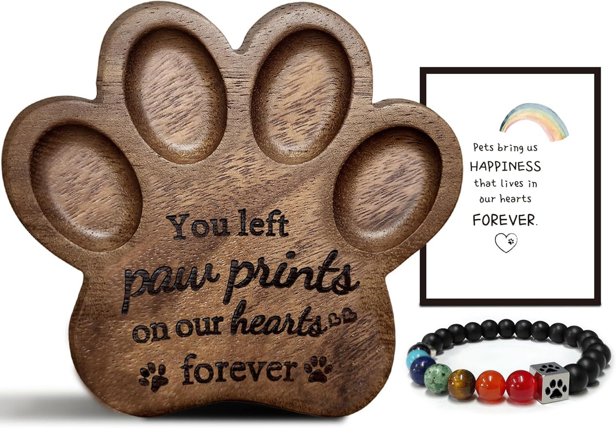Dog Memorial Gift Set,Paw Print Shape Ornament to Remember Dog or Cat,Walunt Hardwood,Rainbow Bridge Pet Memorial Bracelet,Sympathy Gifts for Women Men Who Lost Pets