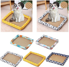 Natural Rattan Pet Cooling Bed Mat for Cats Dogs, Summer Washable Window Cat Bed Floor Sleeping Mats, Breathable Washable Linen Woven Mat with Raised Edge, Square Pad for Indoor Cats (Dark Blue, S)