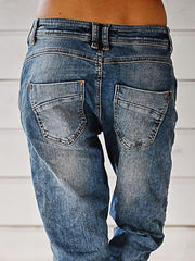 Flamingals Women's Stretchy Straight Leg Casual Low Rise Jeans Wash Button Fly Stitch Detail 90s Trendy Denim Jeans