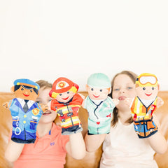 Melissa & Doug Jolly Helpers Hand Puppets (Set of 4) - Construction Worker, Doctor, Police Officer, and Firefighter