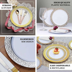 Efavormart 10 Pack | 10" Opaque Black & Gold Rim Plastic Dinner Plates, Round with Hammered Print Design