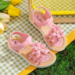 Flower Sandals for Girls, Open Toe Soft Flat Shoes Fashion Comfortable Bow Lightweight Girls Princess Dress Shoes (Pink, 4.5-5 Years Little Child)
