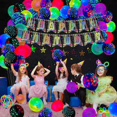 Glow in the Dark Birthday Party Decorations, Includes Happy Birthday Banner, Neon Balloons, Star Decorations Swirls, Glow Birthday Supplies for Kids