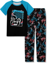 Beezizac Big Boys Pajamas Teal & Navy Face 2-Piece Fun Short Sleeve & Pants PJ Set Kid Cozy Sleepwear Size 6-18