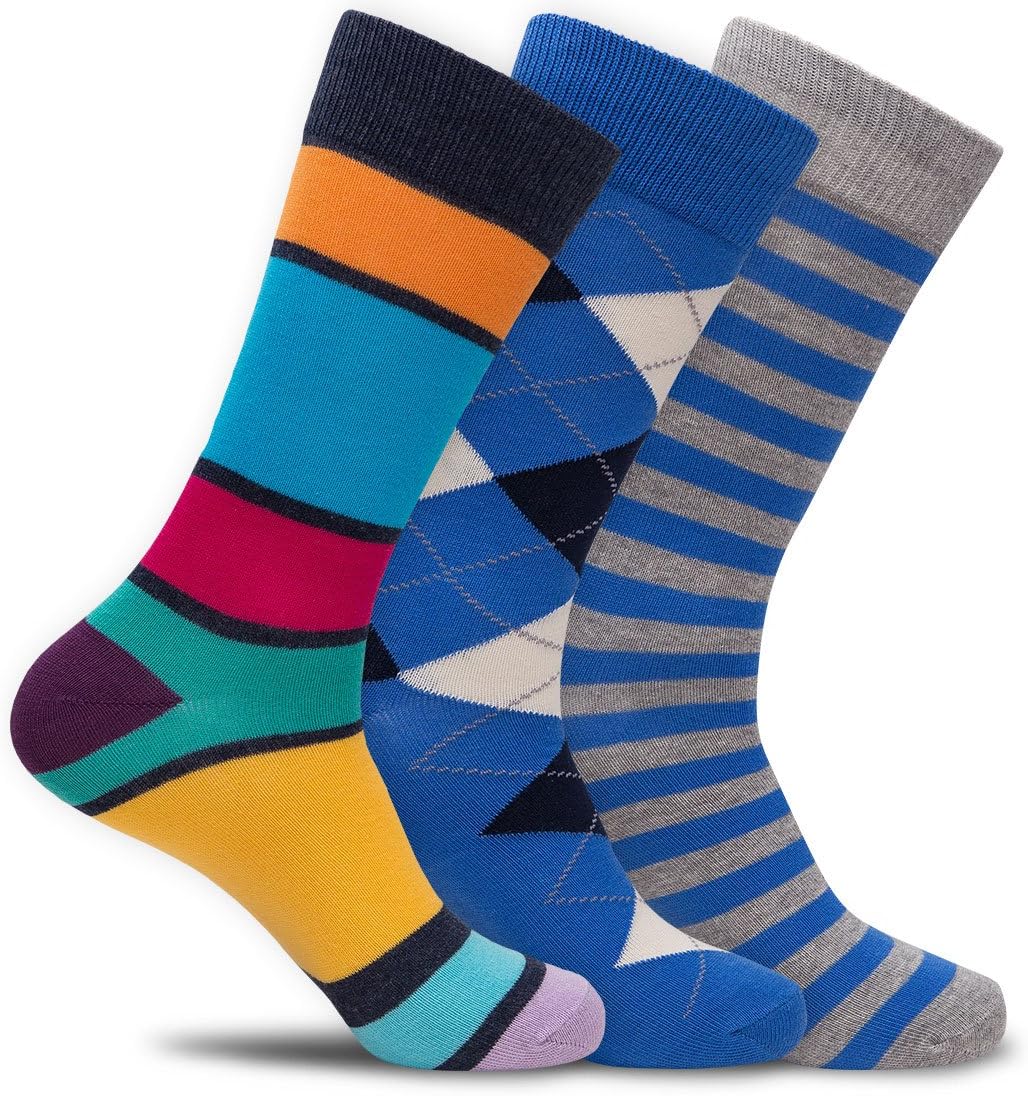 Mens Colorful Designer Dress Socks Crazy Funky Striped Argyle Dots - 3 Pack Gift