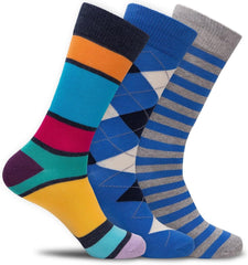 Mens Colorful Designer Dress Socks Crazy Funky Striped Argyle Dots - 3 Pack Gift