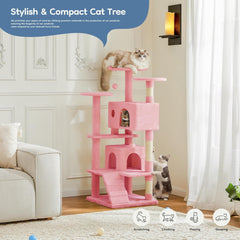 DUMOS 54-inch Indoor Cat Tree Tower –Multi-Level Pet House for Large Cats with 2 Condos, Scratching Posts, Round Platform, Small Ladder, and Toys – Perfect for Cats of All Ages, Dark Grey