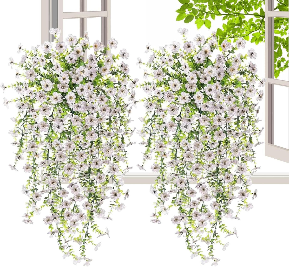 2 Pieces Artificial Hanging Flowers Outdoor Faux Plants Window Sill Greenery Vines Vibrant Hangable Artificial Flowers Vine for Wedding Garden Decor