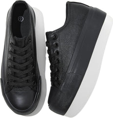 Rominz Women's White Platform Sneakers PU Leather Platform Shoes Classic Black Low Top Sneakers Casual Walking Shoes for Women