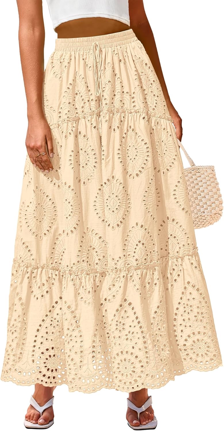 BTFBM Women Boho Casual Skirts Summer 2025 Lace Embroidery Eyelet Elastic Waist Flowy Tiered Beach Fall Maxi Skirt