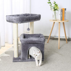 32" Cat Tree Tower for Indoor Cats - 2 Cozy Condos, Multi-Level Cat Scratching Posts with Sisal, Soft Padded Perch, 2 Dangling Toys, Dark Grey