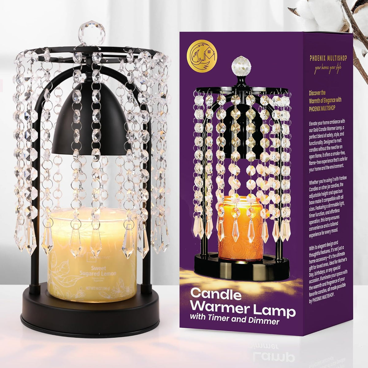 Candle Warmer lamp with Crystals, Home Decor, Wax melt Warmer,Gifts for mom, Candle Warmer lamp with Timer, Wax Melter Electric, House Warming Gifts. (Black)