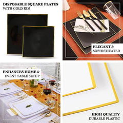 Efavormart 10 Pack | 8" Black/Gold Concave Square Hard Plastic Dinner Plates, Disposable Party Plates