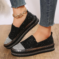 SACFOF Women Rhinestone Platform Loafers Glitter Fashion Slip-On Sparkle Sequin Sneakers Casual Flat Bling Loafers