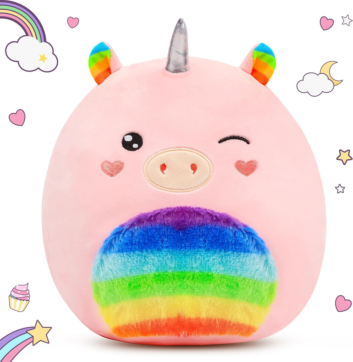Easfan Rainbow Unicorn Plush Pillow Plush Toy, Unicorn Stuffed Animal Soft Plushie Toy for Kids Girls Birthday Valentine Gift, 8"