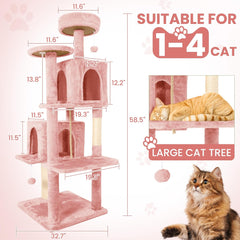 58.5inch Large Cat Tree Tower Condo for Indoor Cats, Soft Plush Multi-Level Climbing Tree Cat House with 1 360° Rotating Cat Cave, Scratching Post, More Entrance/Exit, Sisal Rope, Grey Black