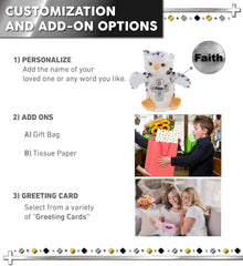 DolliBu White Owl Hand Puppet Stuffed Animal with Silver Cross and Personalization - Baptism Gifts for Boys and Girls, Dedication Christening Gifts Plush Prayer Toy Healing Teddy Bear - 9.5 Inch