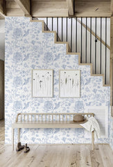 Blue Peel and Stick Wallpaper Floral Wall Paper Boho Embroidered Contact Paper Bedroom Bathroom Wallpaper Navy Blue and White Removable Self-Adhesive Kitchen Wall Decor Vinyl Roll 17.3" x 78"