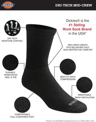 Dickies Men's Dri-tech Moisture Control Mid-Crew Comfort Length Socks, Available in M-XL (6, 12 Pairs)