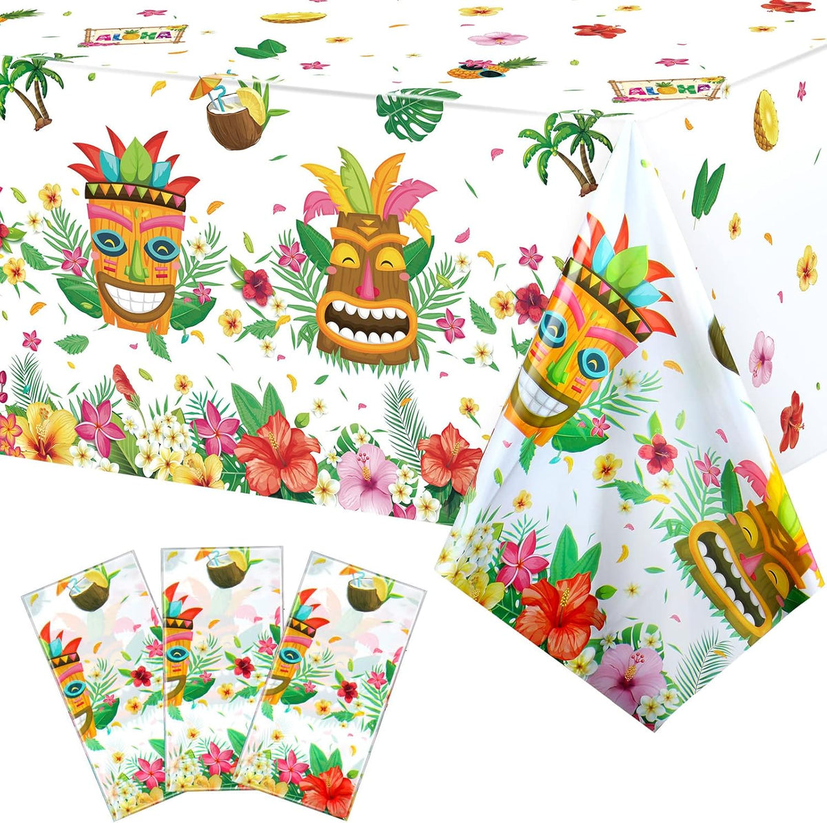 Breling Tiki Party Tablecloths Decorations Hawaiian Luau Table Cloths Plastic Disposable Tropical Table Covers for Aloha Tiki Bar Tropical Summer Beach Birthday Party Supplies, 54 x 108 Inch(1 Pack)