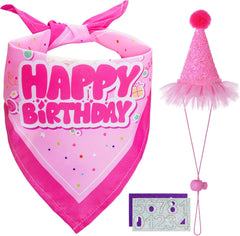 Dog Birthday Bandana Scarf and Hat with Number for Dog Birthday Party (Pink)
