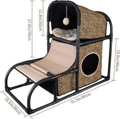 Goetland PVC Modern Cat Condo House Tree Medium Tower Bed Scratching Post Climber With Peek Hole and Dangling Ball for Kitty Indoors Leopard