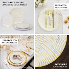 Efavormart 10 Pack White Renaissance Plastic Dinner Plates With Gold Navy Blue Chord Rim, Round Disposable Party Plates - 9"