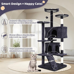 Cat Tree Tower, Sisal-Covered Scratching Posts, Condo, Hammock, Dangling Ball, and Extended Platform, Big Cat House & Furniture, 54" Tall, Beige