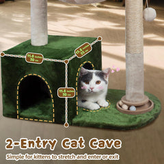 Cat Tree 38" Cat Tower with Large Hammock Metal, Cat Scratching Post for Indoor Cats with Condo, Cat Playground Track Balls and Bouncy Ball, Green and White