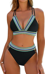 Blooming Jelly Womens High Waisted Bikini Sets Color Block Two Piece Swimsuit V Neck Crisscross Back Bathing Suit