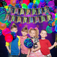 Glow in the Dark Birthday Party Decorations, Includes Happy Birthday Banner, Neon Balloons, Star Decorations Swirls, Glow Birthday Supplies for Kids