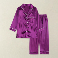 2pc Kids Satin 𝗦ilk 𝐏ajamas Set Long Sleeve Solid 𝐏𝐣 Toddler Button 𝗦leepwear 𝗡ightclothes Pocket 𝗟oungewear