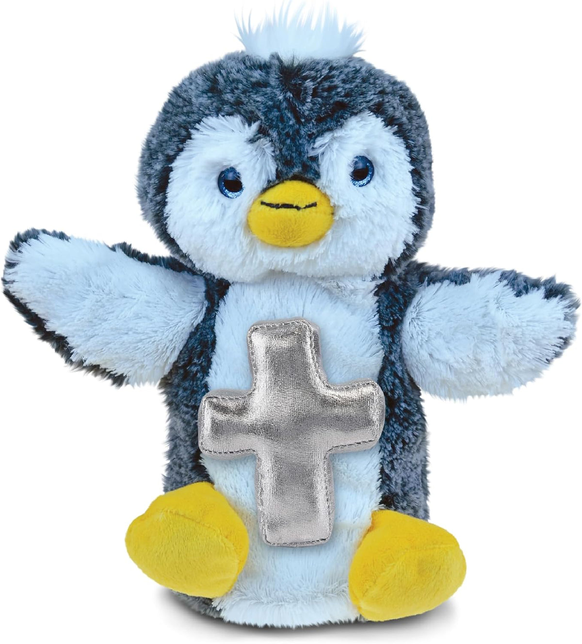 DolliBu Penguin Hand Puppet Stuffed Animal with Silver Cross and Personalization - Religious Baptism Gifts for Boys and Girls, Dedication Christening Gifts Plush Prayer Healing Teddy Bear - 8.5 Inches