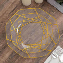 Efavormart 10 Pack | 8" White/Gold Geometric Design Plastic Dessert Plates, Disposable Octagon Salad/Appetizer Party Plates