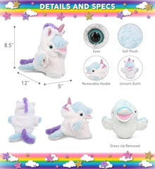 DolliBu Dolphin Unicorn Plush Stuffed Animal Hand Puppet Toy - Super Soft Dolphincorn Dress Up with Removable Plush Unicorn Outfit, Cute Fantasy Ocean Life Gift with Name Personalization - 12 Inches