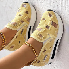 Ohxixhia Wedge Floral Walking Shoes Embroidery Floral Mesh Lace Chunky Sneakers Slip On Arch Support Shoes Fashion Sneakers